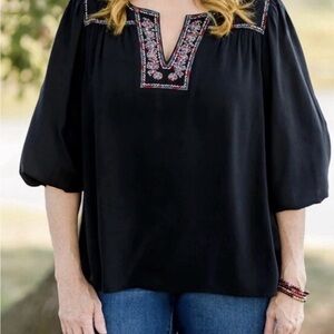 Pioneer Woman- Floral Embroidered V neck blouse with 3/4 sleeves- 2X